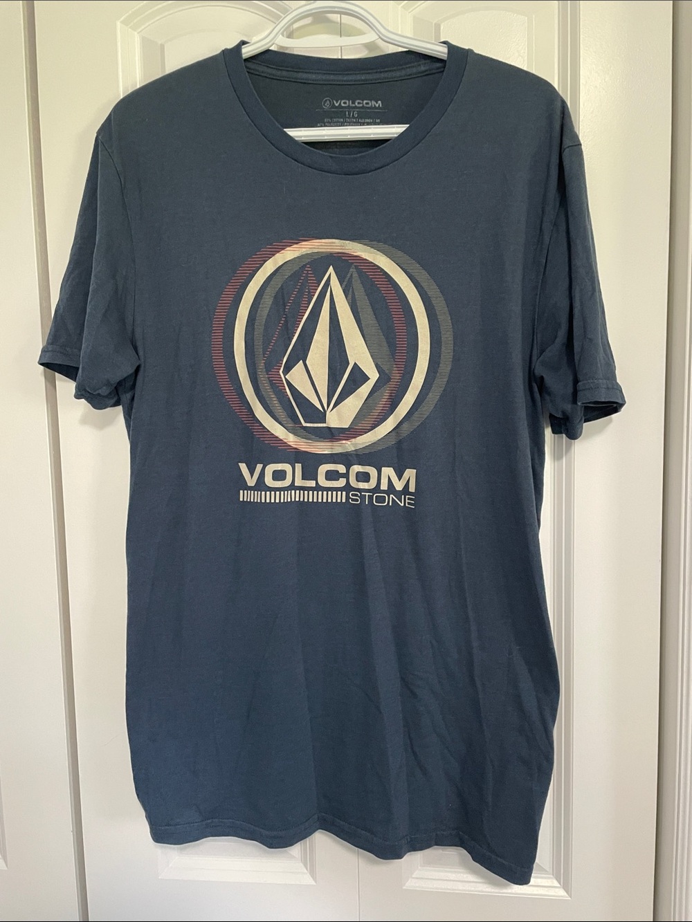 Volcom Navy Tee with Cream and Muted Red Logo